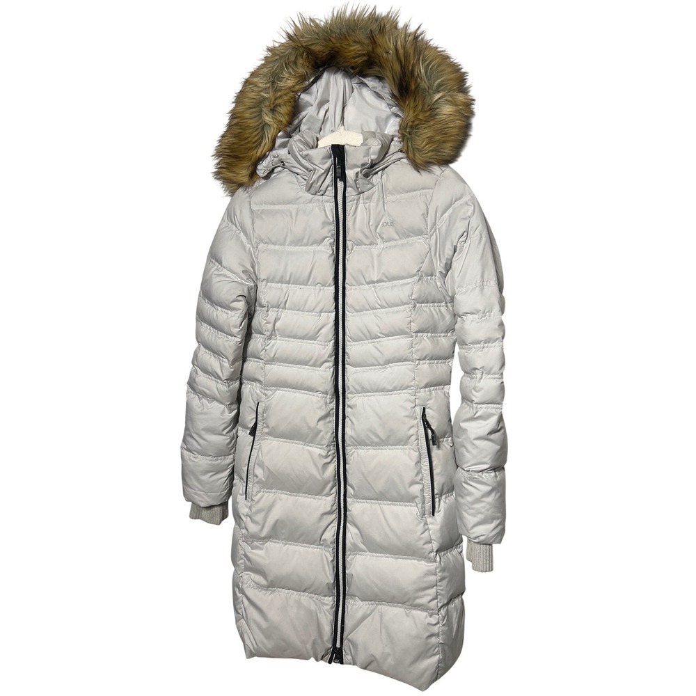 Lolë Long Down Filled Faux Fur Hooded Winter Puffer Coat Light Gray Size S EUC
